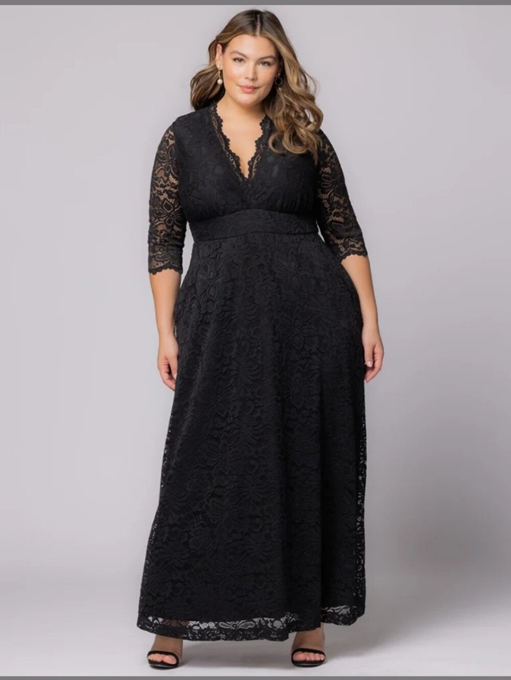Kiyonna Maria Lace Evening Gown in Black - Size 2X | Formal Maxi Dress with Pock